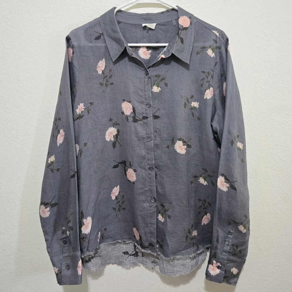 Ecru Floral Linen Button Up Shirt Gray Pink Raw Hem Size Large